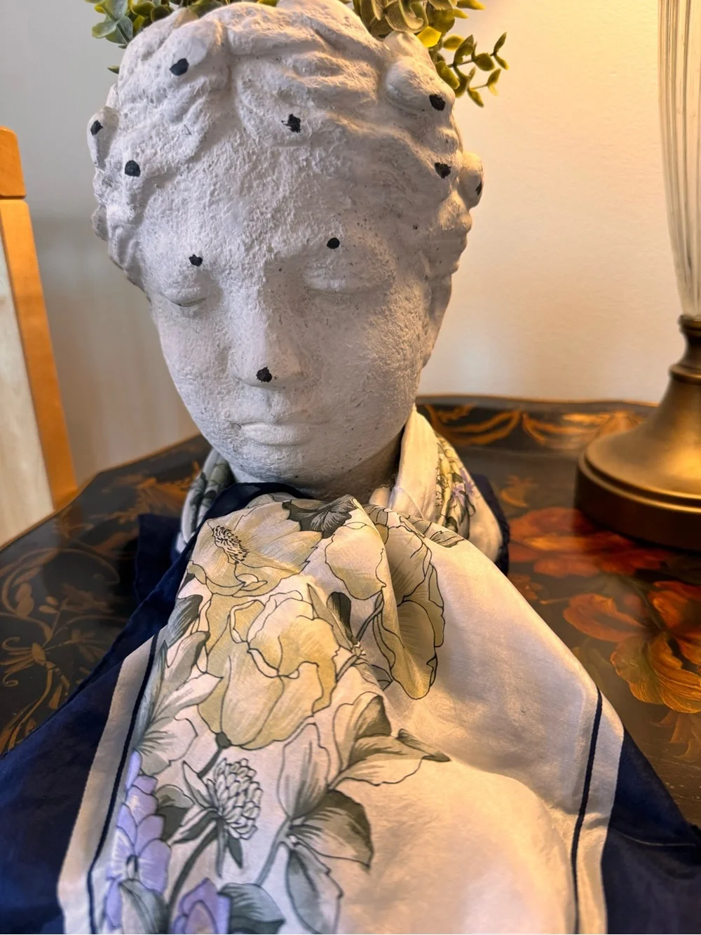 Leo Tagashi Large Floral 100% Silk-Scarf in Navy & Cream